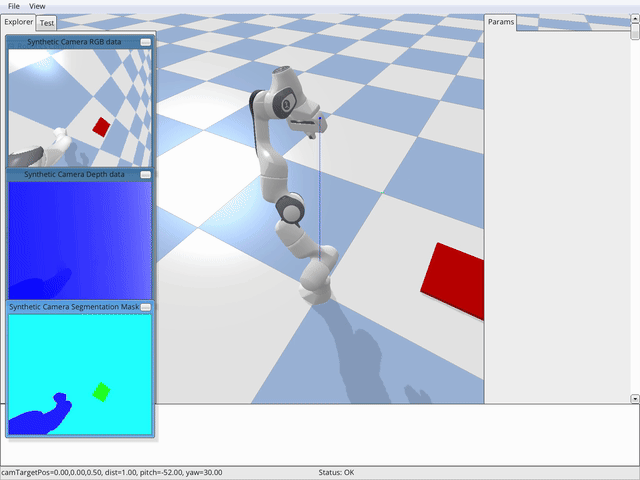 PyBullet demo showing eye-in-hand visual servoing on Franka Panda robot with RGB, depth, and segmentation views.
